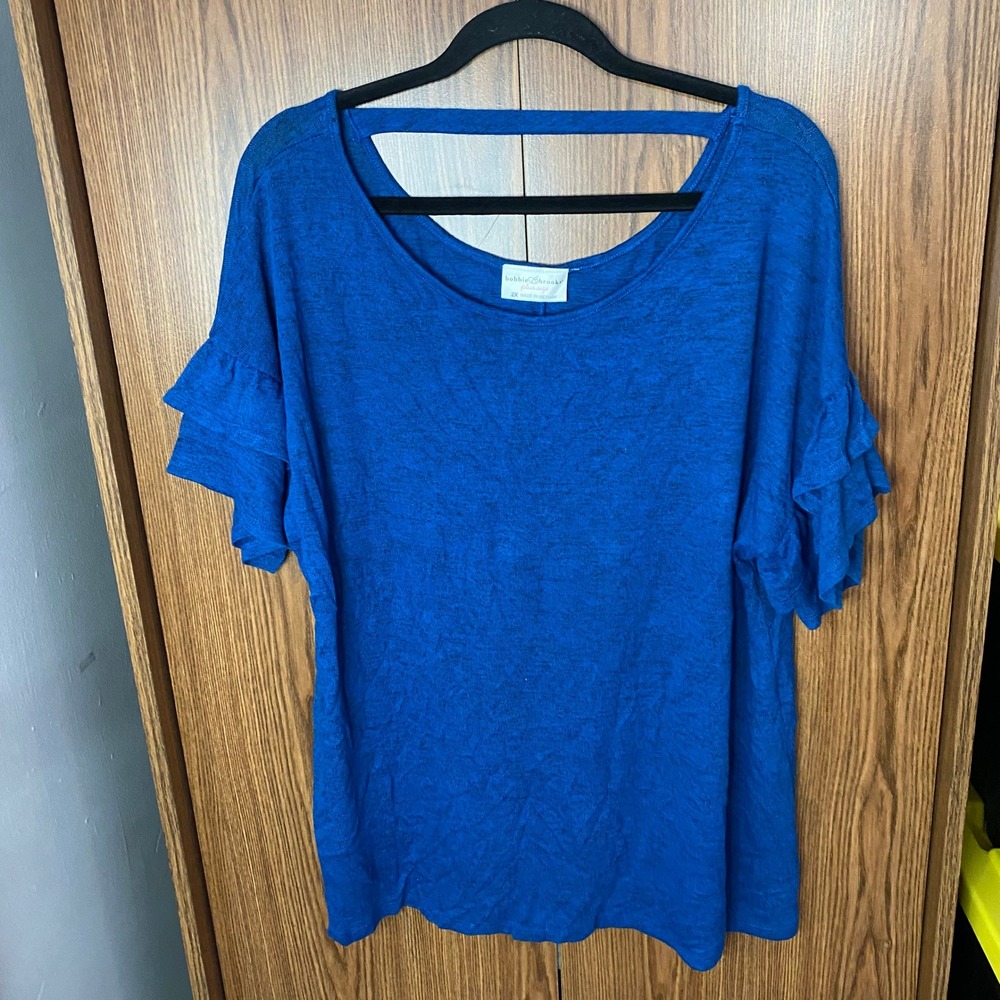 Bobbie Brooks Top Womens 2X Blue Ruffle Sleeve Cutout Back Blouse